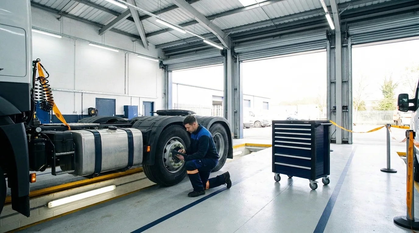 Technician inspecting HGV workshop
