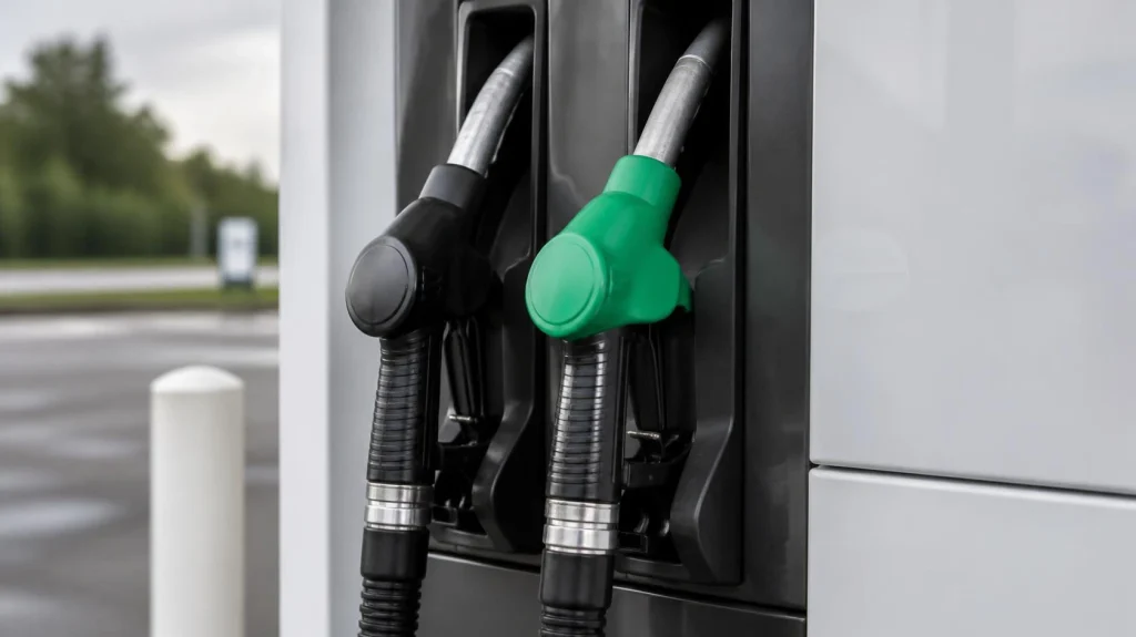 Black diesel and green unleaded petrol pump nozzles side by side