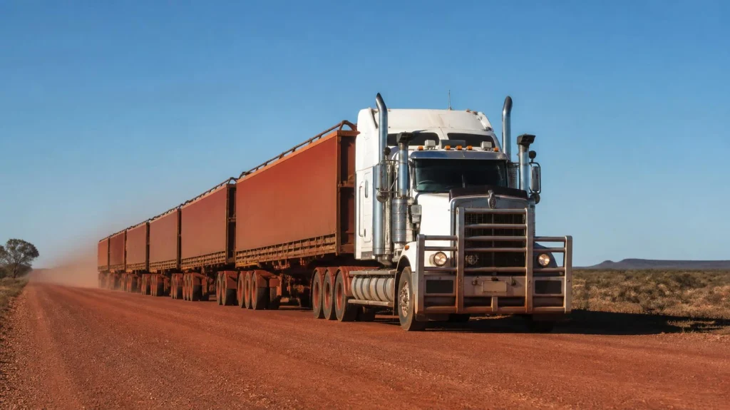 Road train hauling freight across the Australian outback