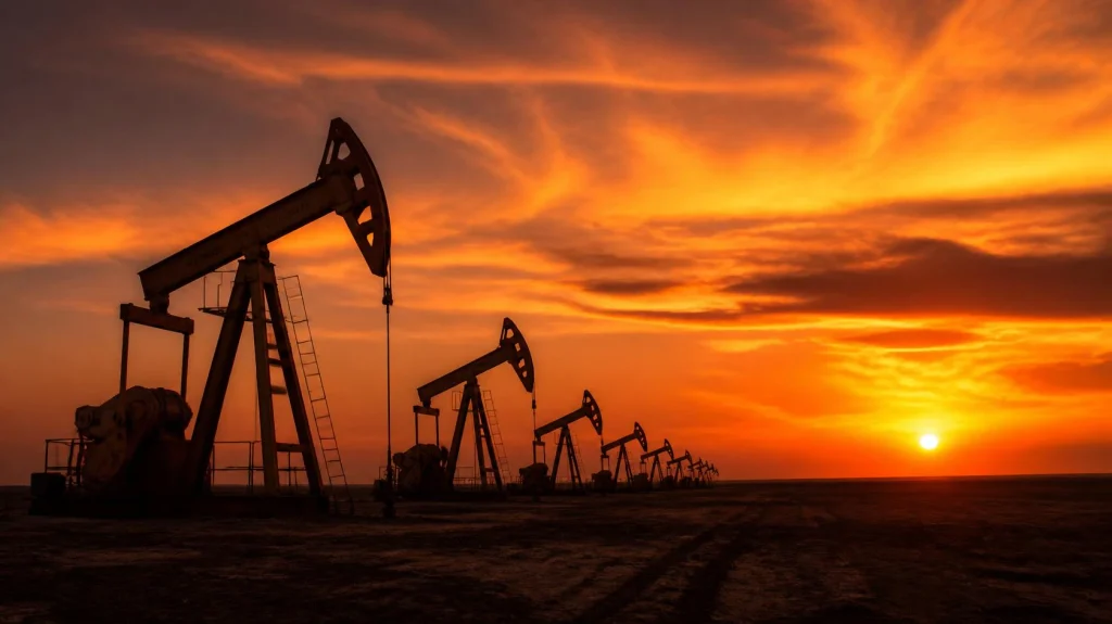 Crude oil pumpjacks at sunset